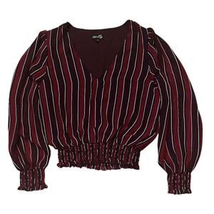 Dee Elly V-Neck Smocked Cuff Tapered Long Sheer Sleeve Red & Black Top Medium